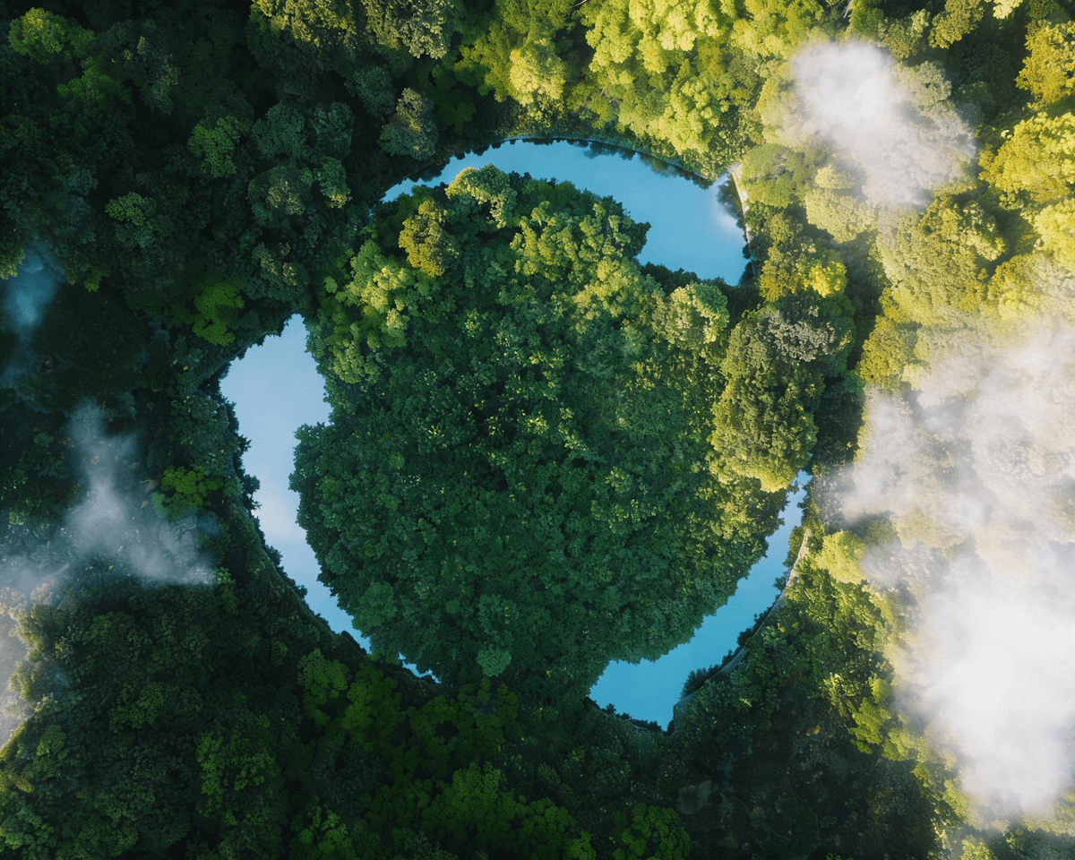 Aerial view of a forest and river